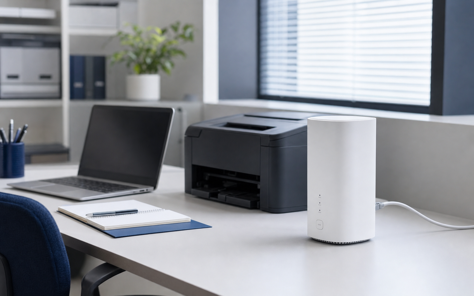 事務所でプリンターと固定型Wi-Fiルーターを接続して使う様子